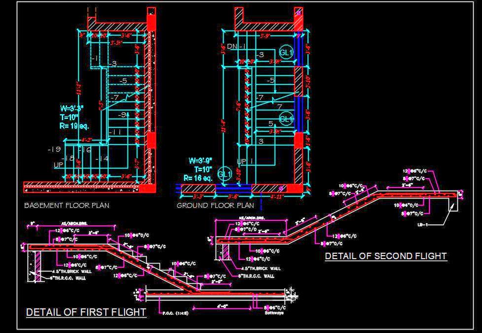 R.C.C. Staircase Structural Detail DWG - Floor Plan & Section